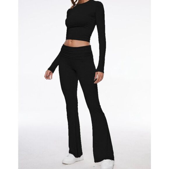 Women's 2 Piece Lounge Crop Top Fold-over Flare Pants Set - Picture 1 of 5